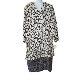 Vintage 80s Silk Ruffled Shift Dress Sz 18 Black Beige Abstract Floral Textured